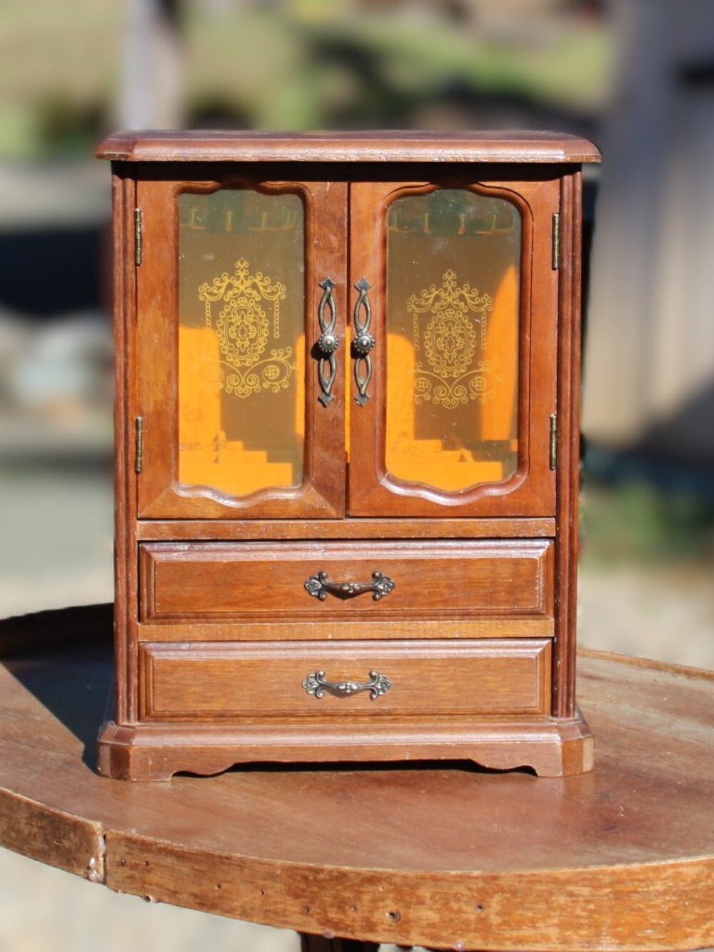 Vintage Wooden Jewelry Cabinet with plastic Doors and music box